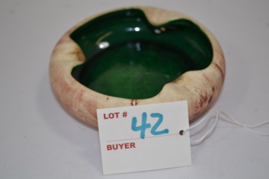 Vintage Nemadji? Pottery Ashtray; Brown and Cream w/Green Glazed Interior; Made in Colorado; 4"