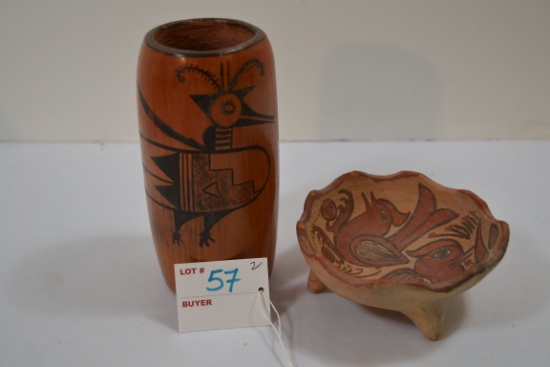 Pair of Handmade Clay Pot and Vase w/Bud Motif
