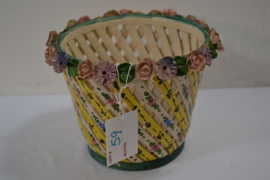 Handmade and Handpainted Lattice Weave Basked w/Flowers on Rim; Made in Italy; 6"x7"