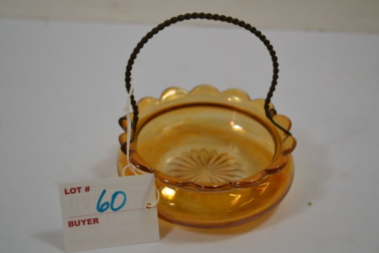 Possible Antique Bertha Minnesota Souvenir Golden Glass Basket w/Wire Handle; 4" Wide