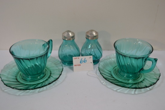 Group of Jeanette Ultramarine Swirl Cup/Saucers and Salt and Pepper Depression Glass