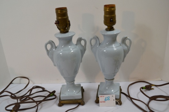 Pair of Vintage Blue Porcelain Electric Lamps w/Swan Handles and Metal Bases; One Cracked