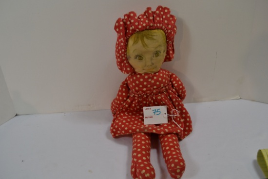 Vintage Cloth Doll w/Litho-Style Face; 15" Tall