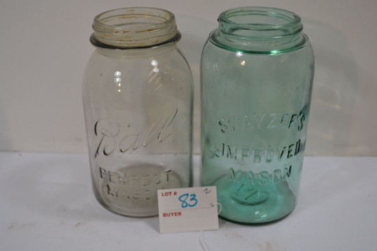2 - Vintage Quart Mason Jars, Clear Ball Jar, and Green Swayzee Jar; No Lids