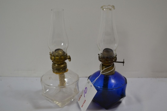 Pair of Mini Oil Lamps including Unique Apothecary Faceted Clear and Blue Base w/Chimneys; 7" High
