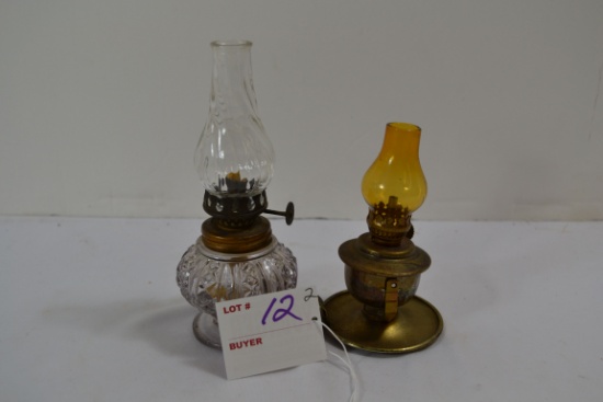 Vintage Mini Oil Table/Wall Swivel Copper Lamp and Mini Oil Clear Pressed Panel Lamp
