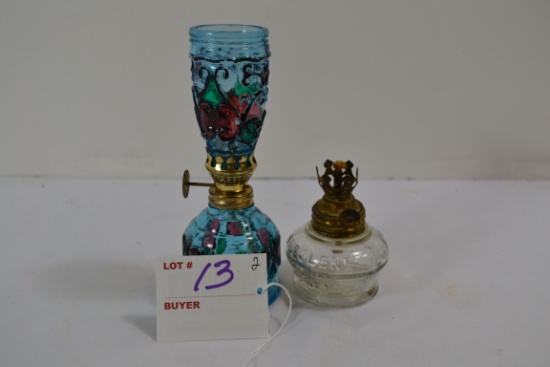 2-1/2" Antique VAPO use "Cresolene" Kerosene and Mini Oil Lamp Blue w/Pink Hearts