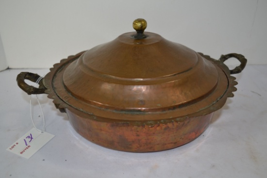 Vintage Hammered Brass and Copper Lidded Serving Dish; 11"