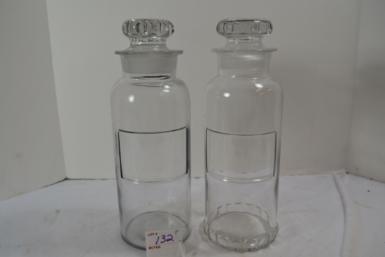 Pair of Vintage Half Gallon Clear Glass Apothecary Jars w/Stoppers; Small Chip in Stopper; Note lot