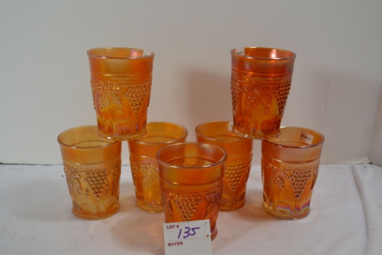 7 Vintage Marigold Carnival Grape and Cable Pattern Tumblers by Northwood; Note lot number in photo