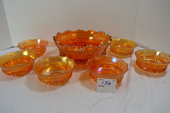 Berry Bowl w/6 Dishes in Marigold Carnival Glass Grape and Cable Pattern By Northwood; One Cracked;