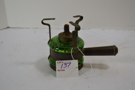Vintage France Depose green Glass Oil Font w/Metal Handle; Warming Device?; Note lot number in photo