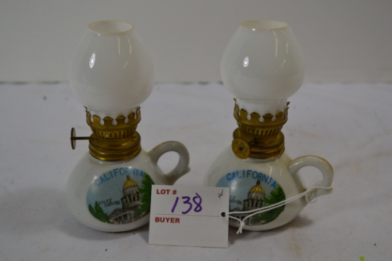 Pair of Vintage Mini Oil Lamps w/Finger Holds; Souvenir of California; 2.25" High; Note lot number i