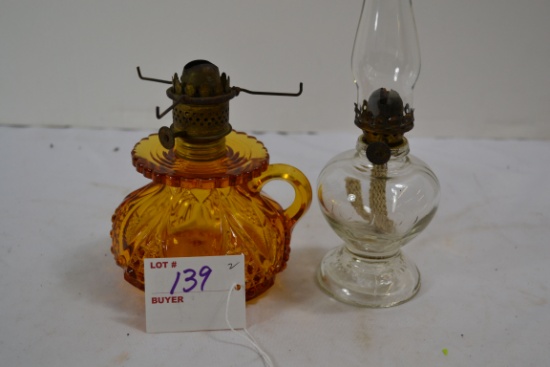 Vintage Mini Amber Cut Glass Finger Oil Lamp (No Shade) and Vintage Mini Clear "Handy" Oil Lamp; Not