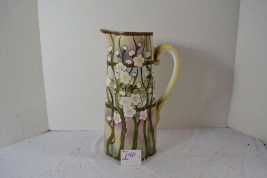 Vintage Nippon Porcelain Ewer Pitcher; Mirage and Jewelwork Overlay; 12-1/2" Tall