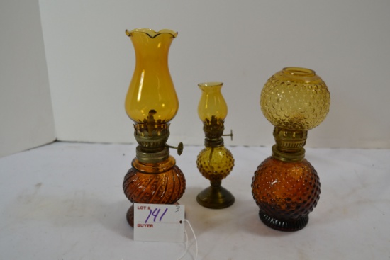 3 Vintage Mini Amber Hobnail and Twist/Dot Oil Lamps; Note lot number in photo should be 141a, not 1