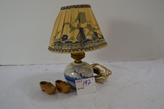 Vintage Mini Holland Delft Electric 8" Lamps w/Cloth Shade and Mini Wooden Shoes; Note lot number in
