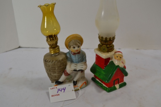 Vintage Bisque Mini Boy Reading Oil Lamp and Mini Santa Oil Lamp; Note lot number in photo should be