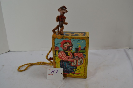 Vintage Metal Mattel Hurdy Gurdy Organ Grinder and Dancing Monkey; 1950; Music does not play.; Note