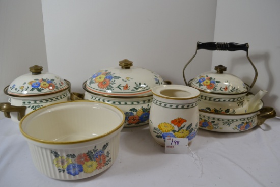 Vintage Kamenstein Floral Enameled Set including Tea Kettle, Covered Pots, and Pans