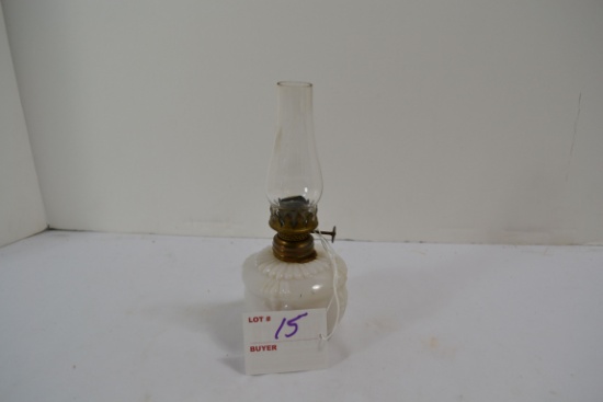 Vintage Mini Oil Lamp Opaque Milk Glass w/Fern Leaf Pattern