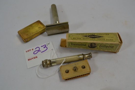 Pair of Vintage Gillette Razors 1930s; One w/Original Box and One w/Metal Blade Container