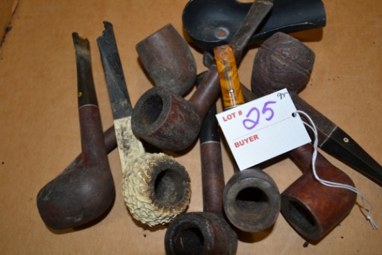 Group of Vintage Pipes including Wood and Bakelite Stems, & Park Sherman Brass and Walnut Pipe Rest