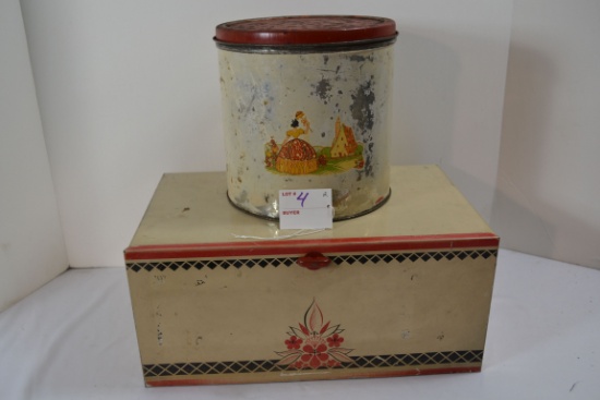 Vintage Tin Counter Top Bread Box and Tin Flour Canister