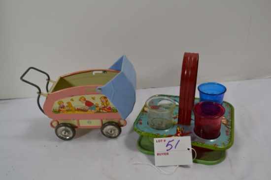 Vintage Child's Tin Baby Buggy and Tin and Plastic Drink Caddy; Missing One Cup