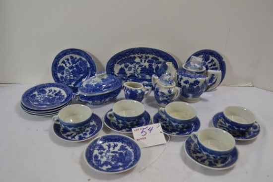 Vintage Child's Flow Blue Pattern Tea Set including 12 Plates, 5 Cups, Cream and Sugar, Soup and Tea