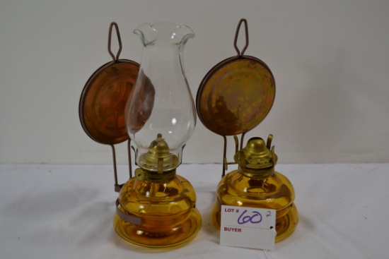 Pair of Vintage Mini Oil Lamps; Amber w/Reflectors; Table or Wall Mount