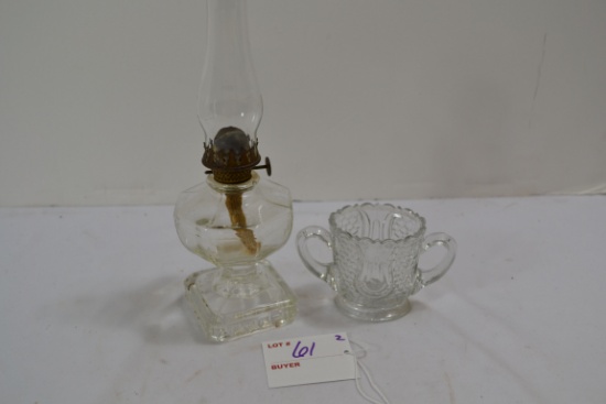 Vintage Federal Glass Mini Grecian Key Oil Lamp w/Square Base and Tulip and Honeycomb Toy Sugar Bowl