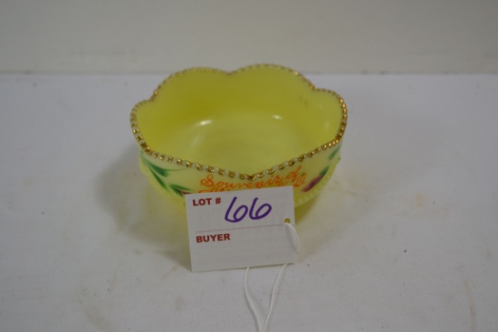 Vintage Yellow Custard Handpainted Uranium Glass Bowl w/Gold Gilt Rim; Minot, N.D.