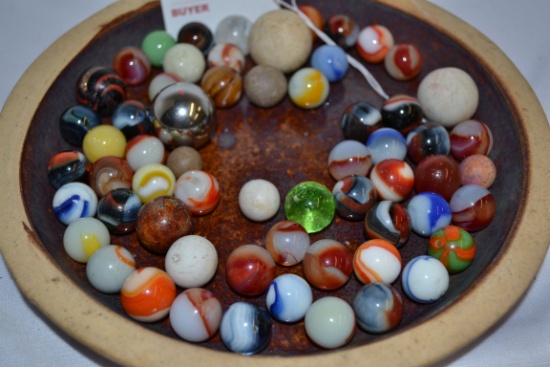 Group of Vintage Marbles includes Clays, 1 Lutz, Slag, and Agate Style, Some Uranium