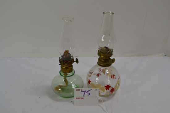 Pair of Vintage Mini Oil Lamps; Clear Green and Hand Painted Flowers; One Chimney is Cracked