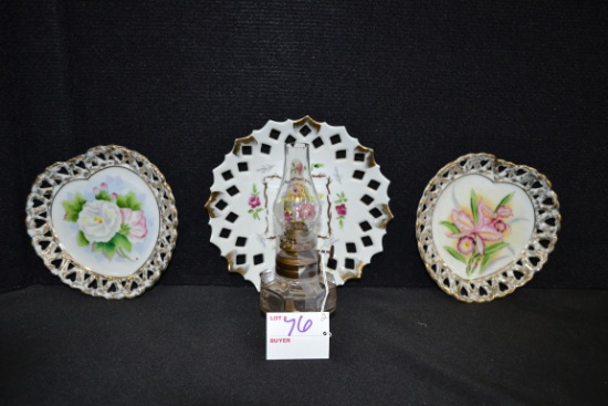 Vintage Clear Hexagon Shape Oil Lamp and 3 Open Edge Decorative Plates