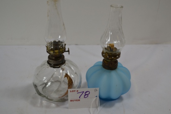 2 Vintage Mini Oil Lamps including Clear Spiral Melon and Blue Frosted Melon