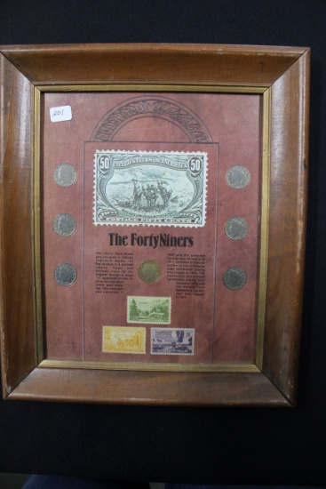 The FortyNiners to include 7 V-Nickels and 3 Postal Stamps (Nevada x1 and California x2); Framed