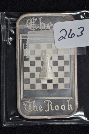 1 Oz. Silver Bar w/Chess Board and Rook Piece Scene