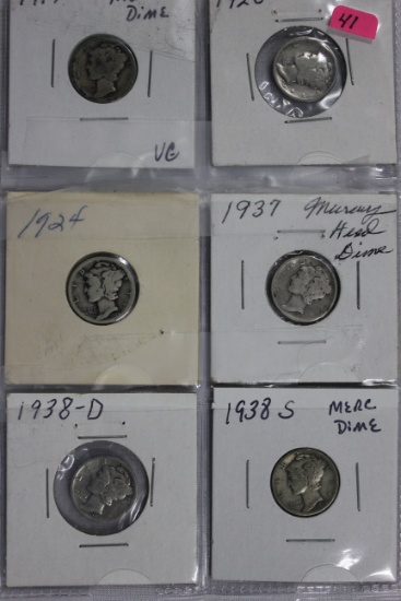 Group of 6 - Mercury Dimes including 1917, 1920, 1924, 1937, 1938-D, and 1938-S; Circ.