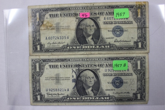 Pair of One Dollar Silver Certificates including 1957 and 1957-B; Circ.