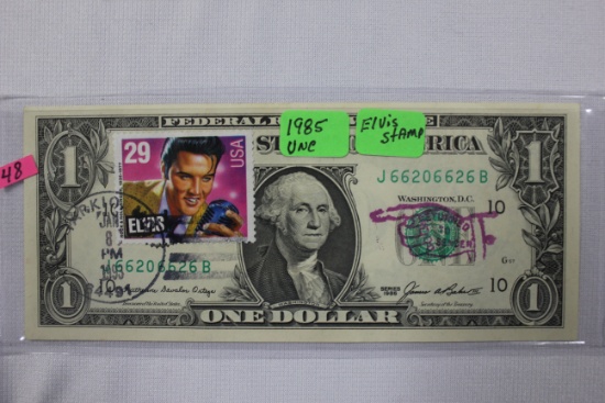 1985 One Dollar Bill w/Elvis Postal Stamp; Postmarked Tarkio, MO and Stamped "Return to Sender"