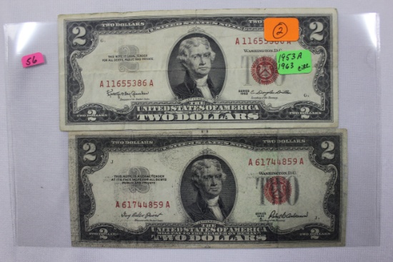 Pair of Two Dollar Bills 1953-A and 1963; Circ.