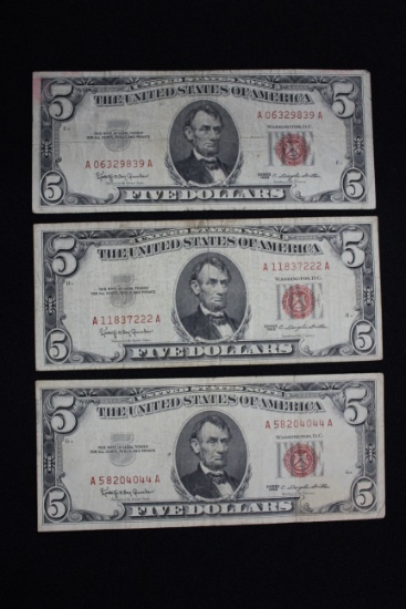 Group of 3 - 1963 Five Dollar Red Seals; Circ.