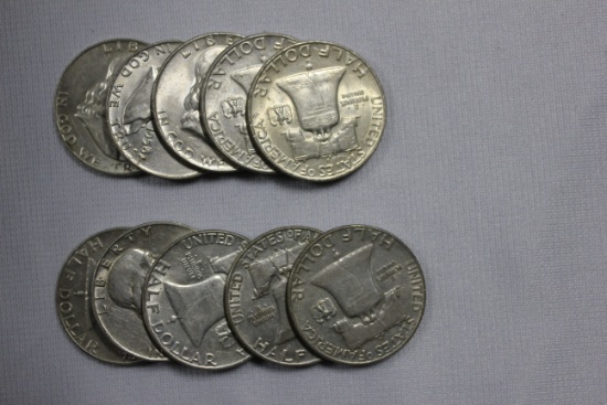10 - 1950s Franklin Half Dollars; XF-AU