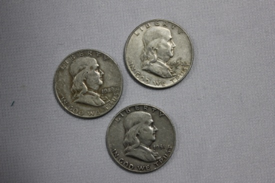 3 - Franklin Half Dollars including 1949-D, 1950-D, and 1951-D; Avg. Circ.