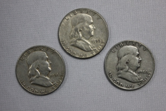 3 - Franklin Half Dollars including 1950-D, 1951-S, and 1955; Avg. Circ.