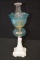 Beautiful Aqua Blue Ruffed Top Oil Lamp With Milk Glass Base, Approx. 17