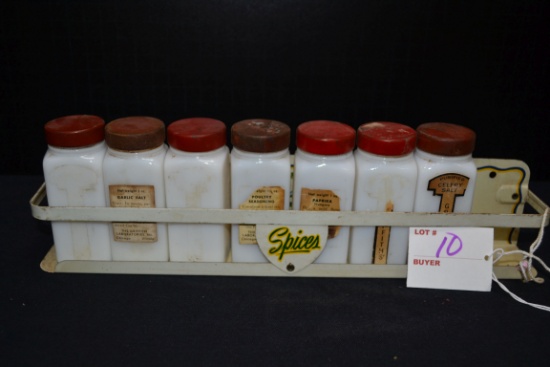 Vintage Spice Rack with 7 Milk Glass Lidded Jars; Some Original Labels