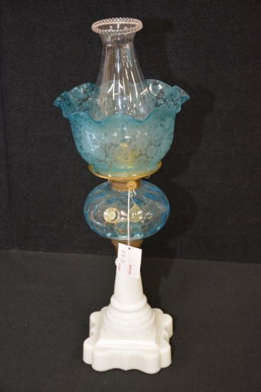 Beautiful Aqua Blue Ruffed Top Oil Lamp With Milk Glass Base, Approx. 17" Tall To Top Of Shade